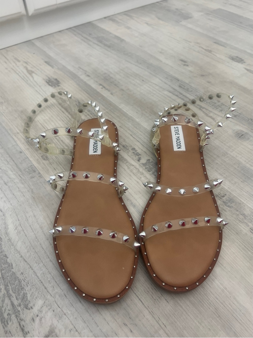 Steve Madden Clear-Strap Studded Sandals - Tan